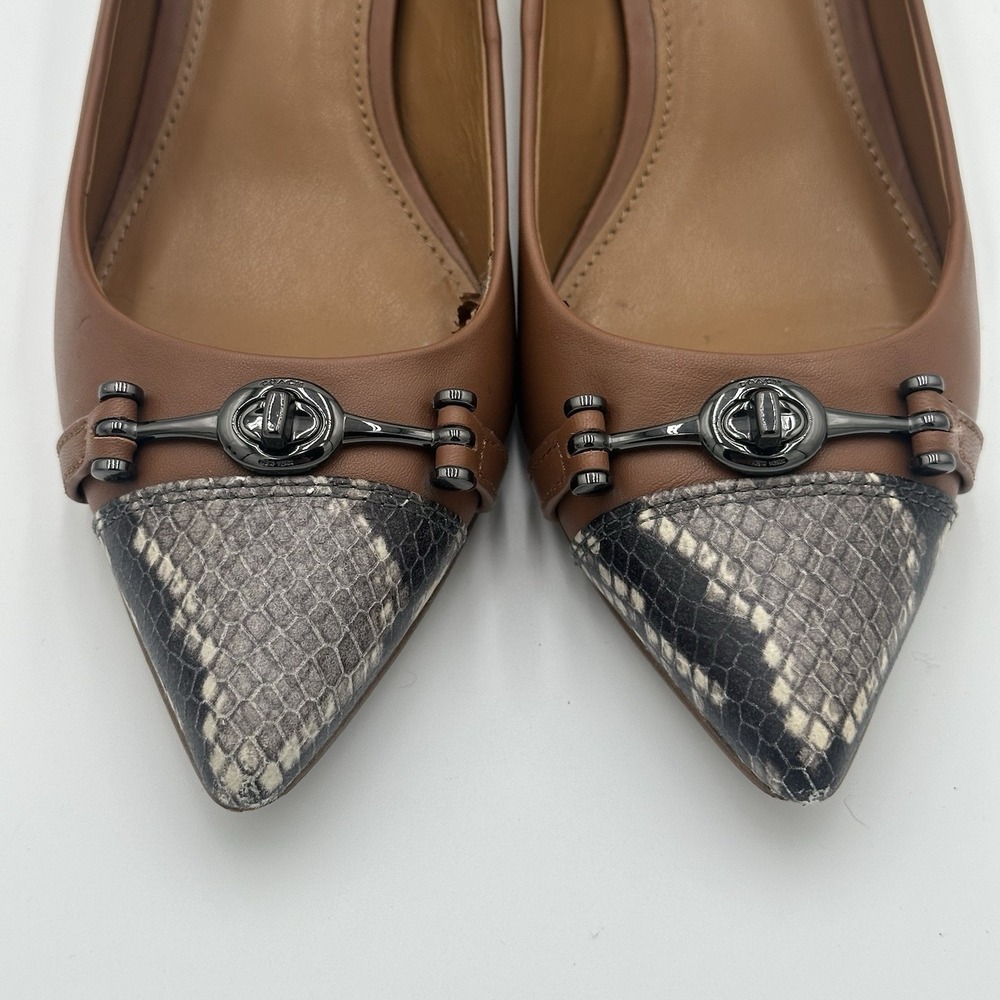 Coach Lauri Leather Pumps 7.5B Caramel Tan Snake Cap Toe Turnlock Accents - Picture 4 of 15